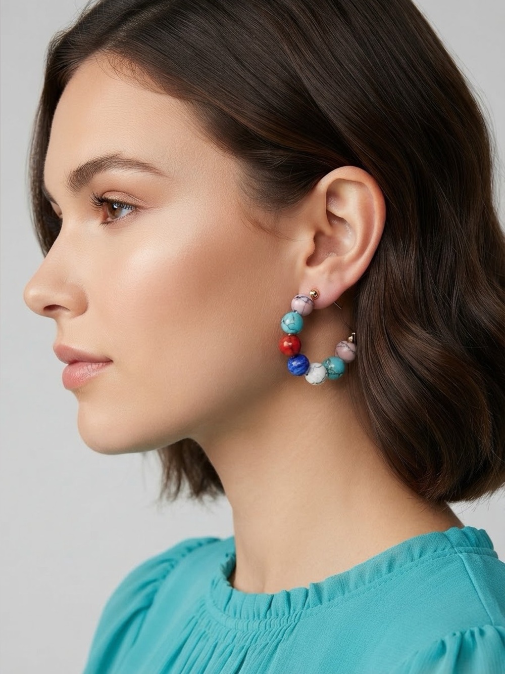 Alfani Multicolor Beaded C Hoop Earrings | Gold Tone Stone Bead Hoops